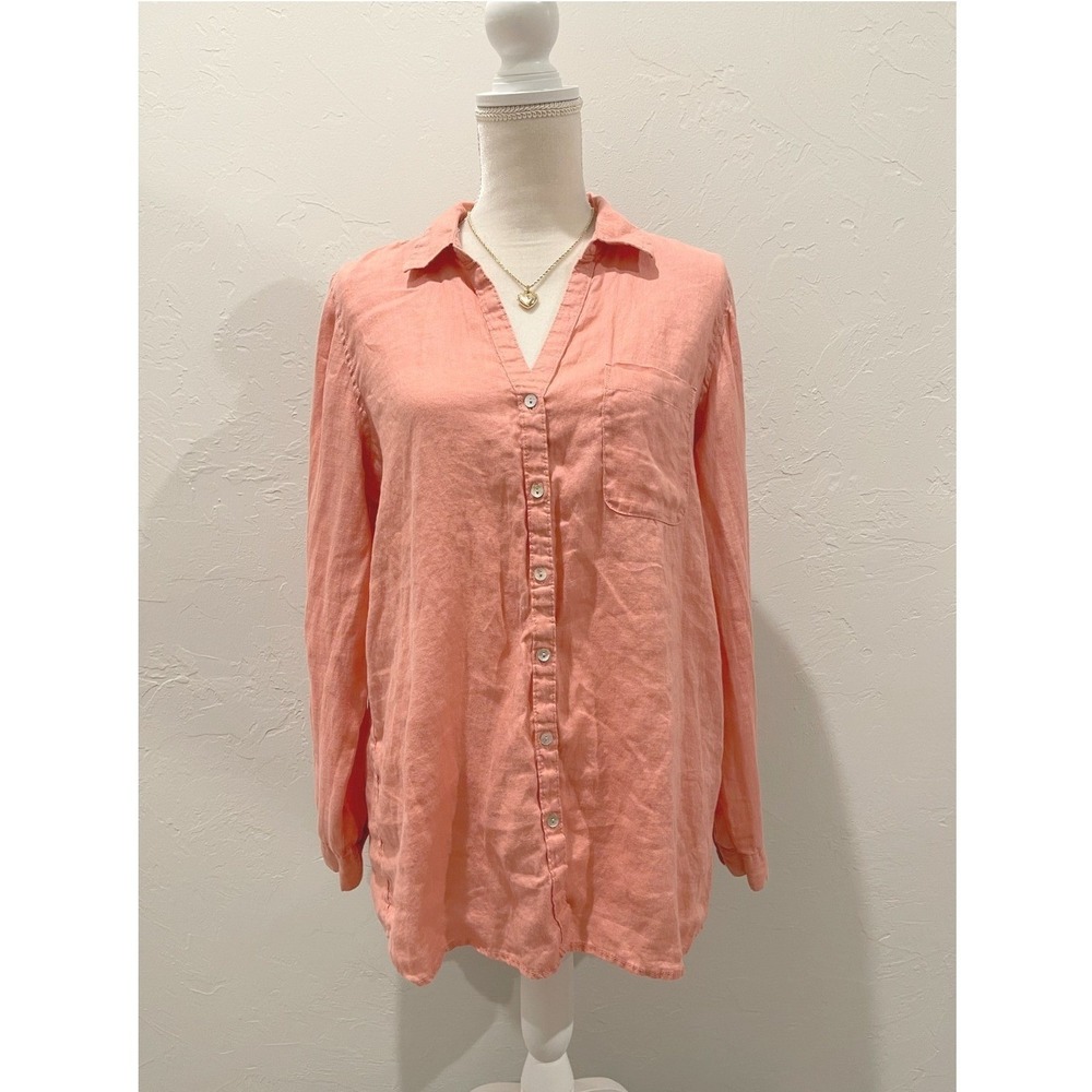 Sigrid Olsen Womens Peach Orange Roll-Tab Sleeve Linen Button-Up Shirt L Beach
